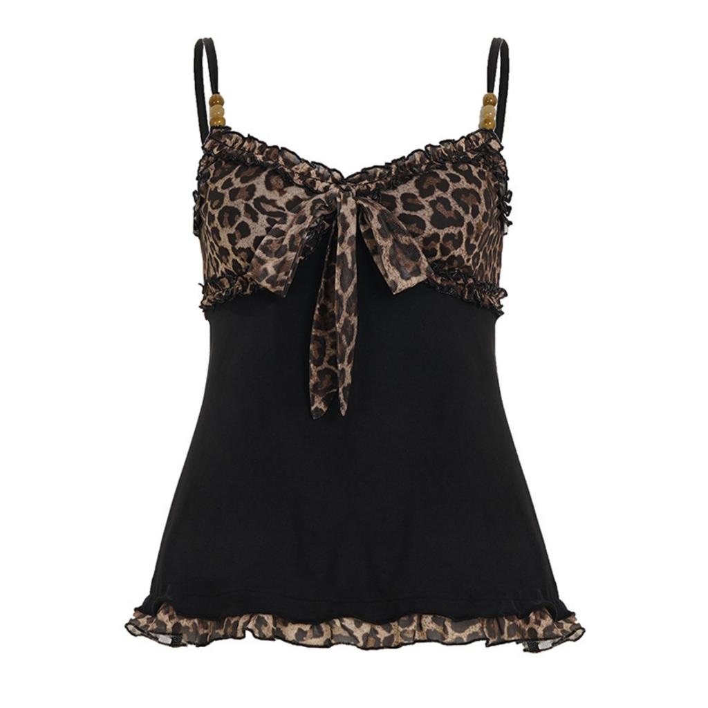 Canottiera da Donna con Stampa Leopardata Senza Maniche Vestibilità Aderente Bordi in Pizzo Chiusura con Laccetti sul Retro Camicetta Tank