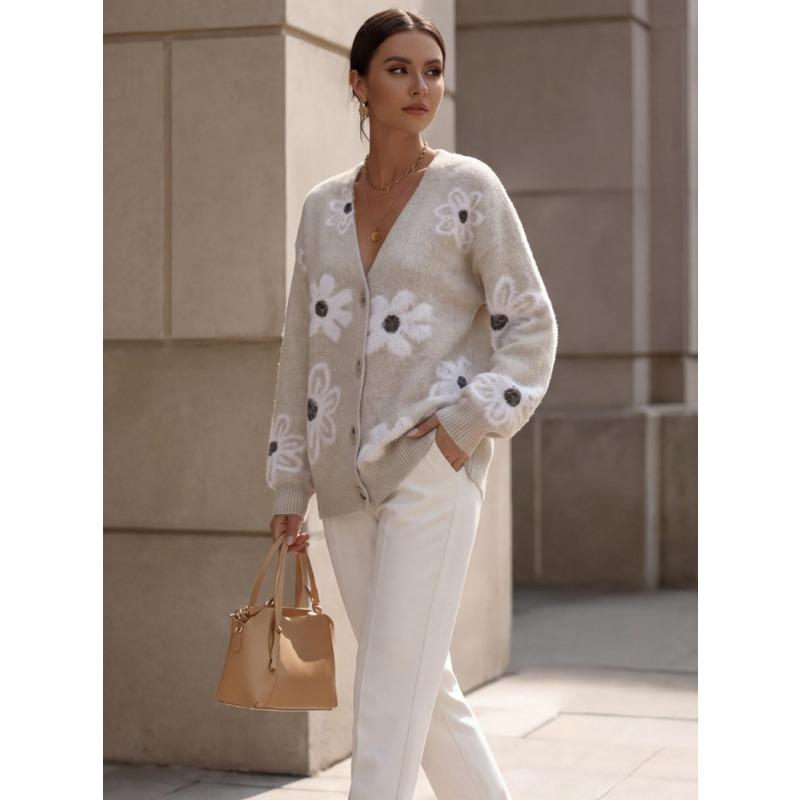 V Neck Long Sleeve Flower Pattern Knit Cardigan Sweater