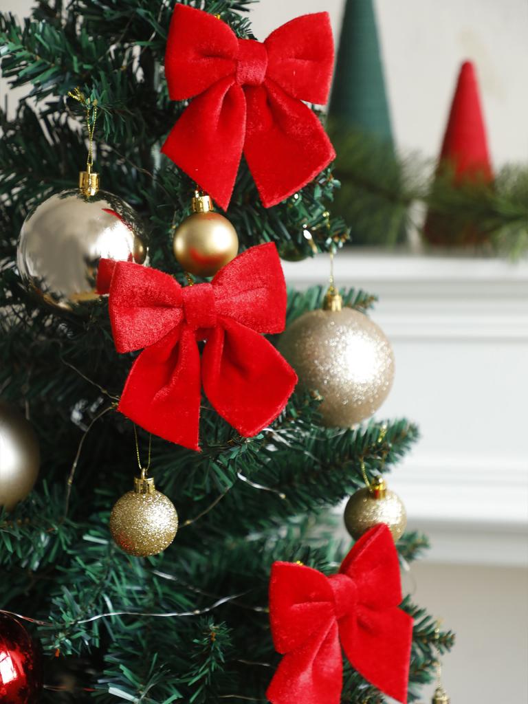 3Pcs Red Velvet Christmas Bow Ornaments Festive Hanging Decor for Xmas Tree, Classic Xmas Home Decoration Accessories Party Gift