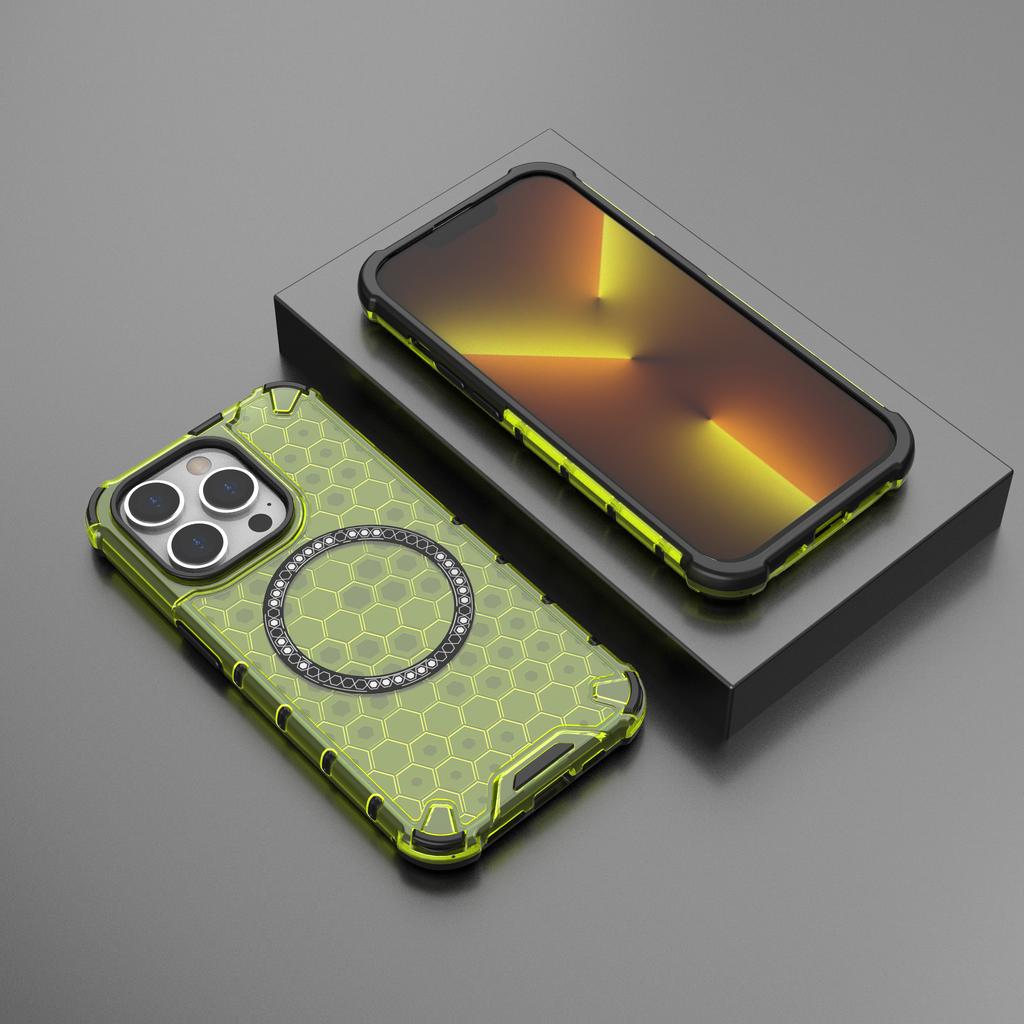 For iPhone 13 Pro Magnetic Case Honeycomb Design Thickened Corners TPU+PC Phone Cover