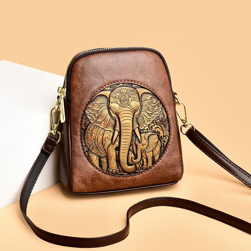 Women's Embossed Elephant Design Crossbody Bag Vintage Leather Shoulder Bag for Daily Use