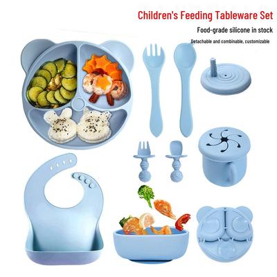 Silikon Baby Essgeschirr Set: Teller, Lätzchen, Schüssel & Löffel - Bären-Design Geschirr für Kleinkinder