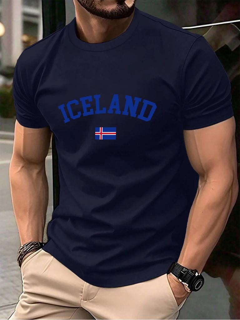 T-shirt da uomo con stampa testo e bandiera dell'Islanda, cotone, estiva, girocollo, manica corta, top morbidi, taglia oversize, abbigliamento casual da uomo