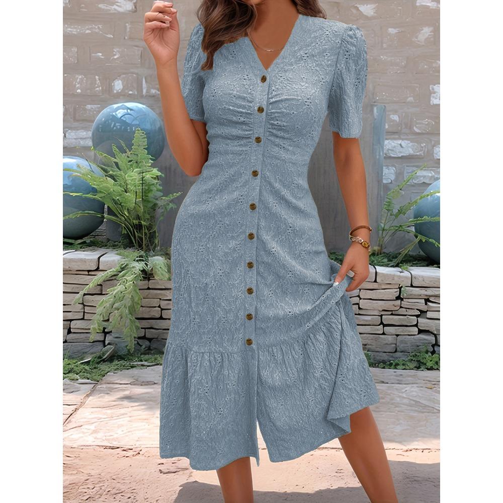 Damen V-Ausschnitt Kurzarm Knopfleiste Midi-Kleid mit Rüschensaum für Sommerliche Freizeitkleidung