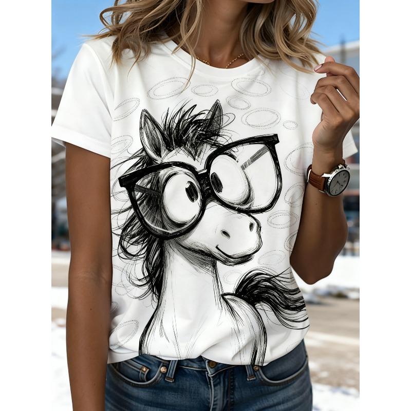 T-shirt Grafica da Donna Taglia Europea Anno del Cavallo - Carino Cavallo Cartoon con Occhiali e Design Capodanno Cinese, Maglietta Bianca Girocollo a Maniche Corte