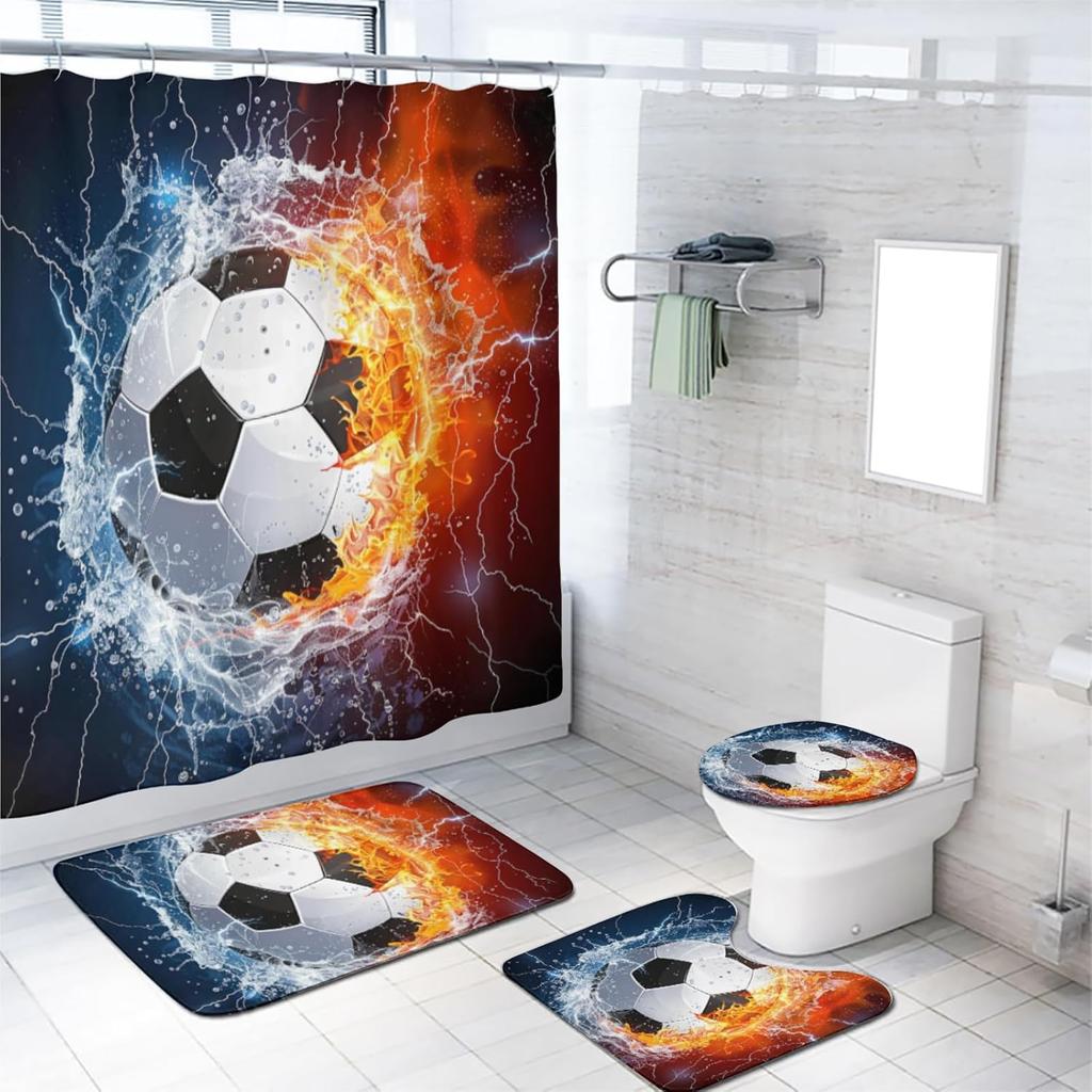Sport Game Fabric Shower Curtain Set Cool Basketball Soccer Volleyball Rugby Baseball Graffiti Sports Theme Bathroom Set Decor