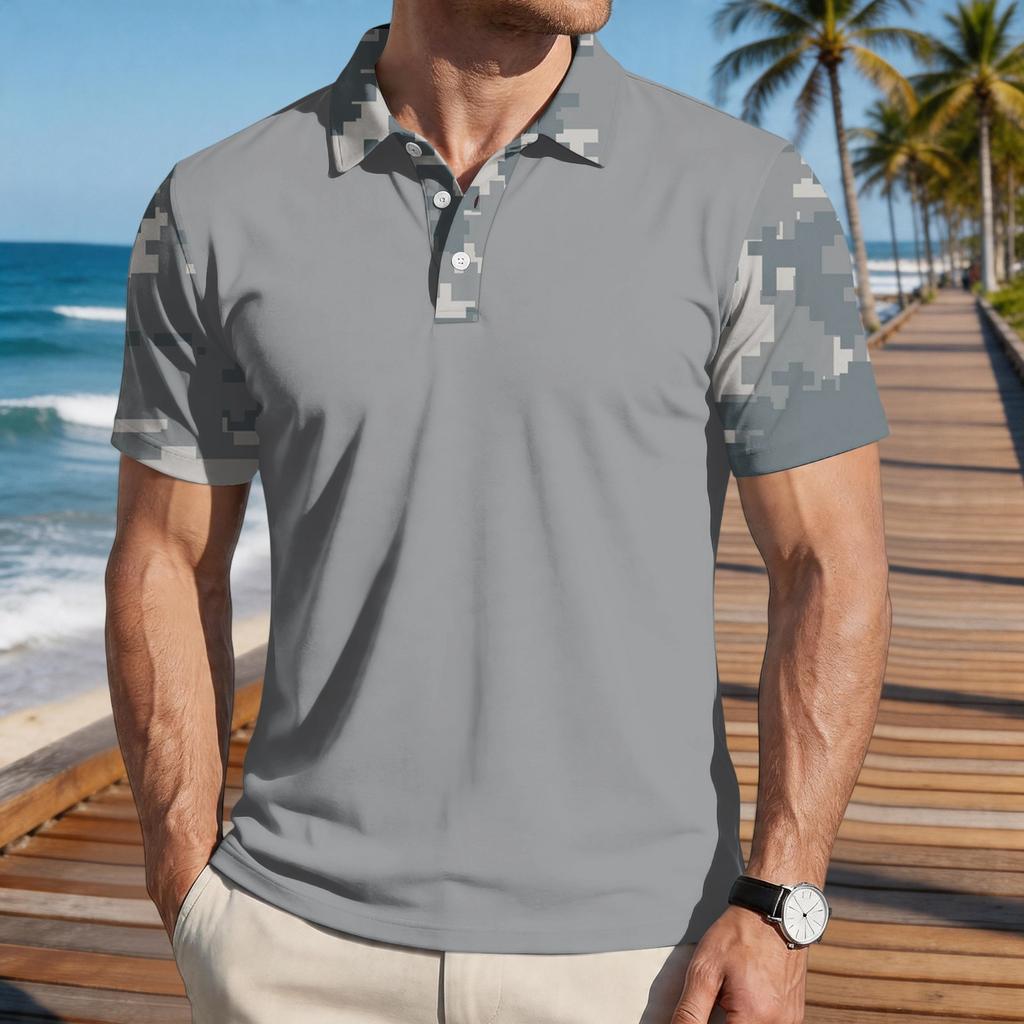 Men's Loose Fit Casual Polo Shirt Short Sleeve Camouflage Print Patchwork Design Button Collar Summer Top