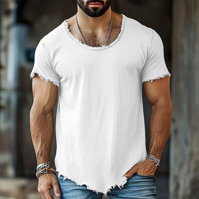 Mens Solid Color Frayed Hem Slim Fit Short Sleeve T Shirt