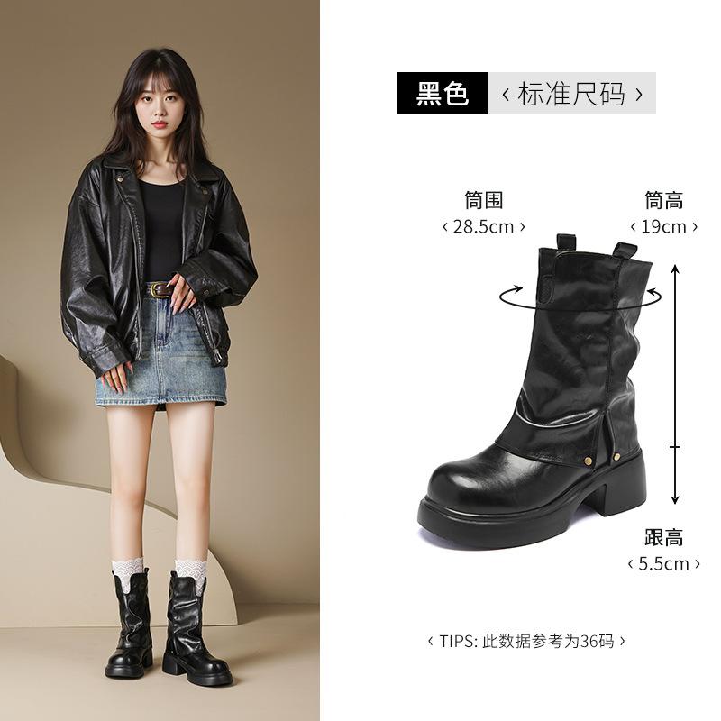 Augustine Black Martin Boots New Autumn Thick-soled Vintage British Pile Pants Tube Boots 35