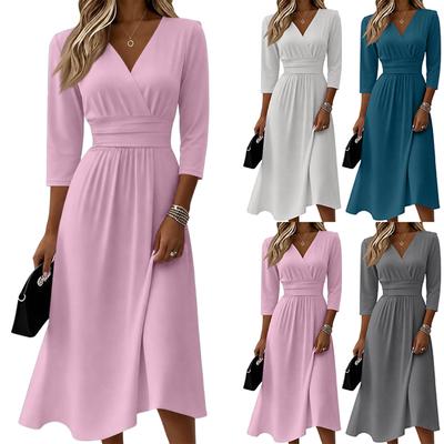 Women V Neck 34 Sleeve Midi Dress Solid Casual Loose Fit Waist Pleated A Line Elegant Office Wear Simple Style