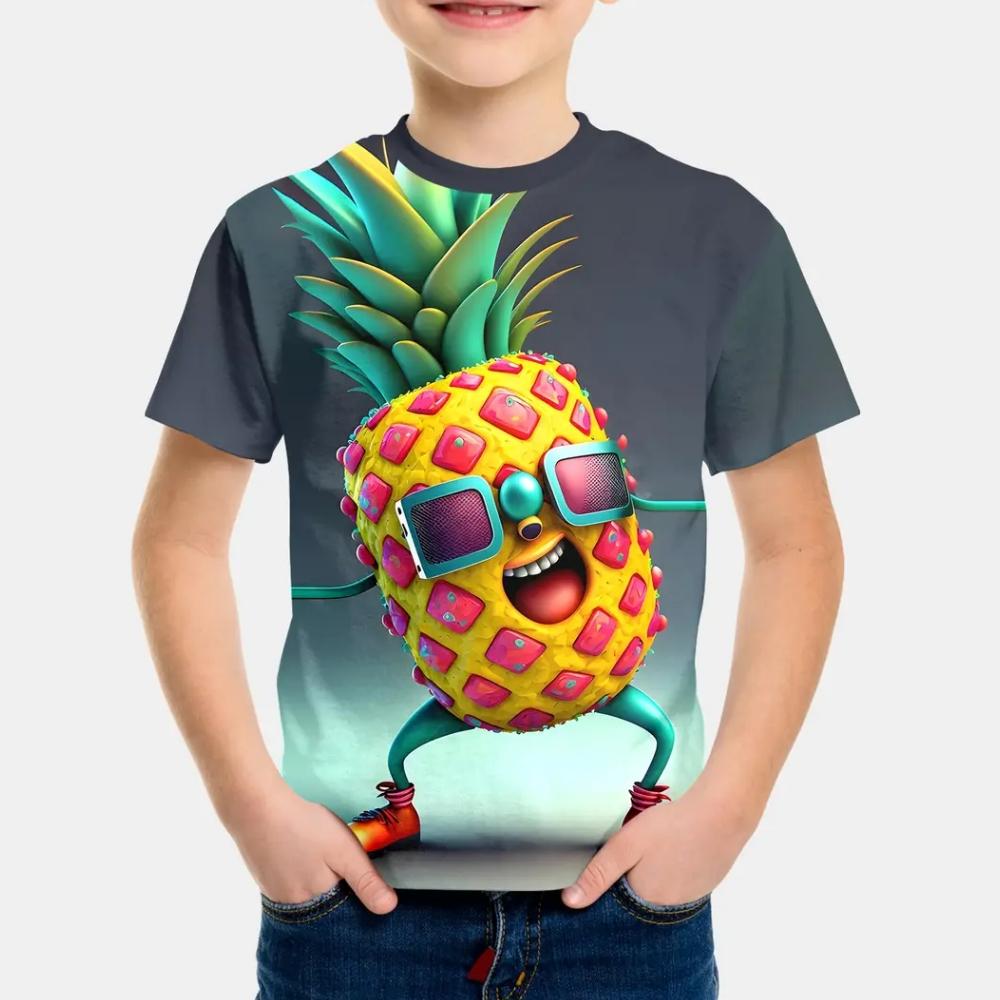 T-Shirt per Ragazzi Casual Cartone Animato Frutta Ananas Stampa Tridimensionale T-Shirt Abbigliamento da Esterno per Bambini Vestiti per Bambini