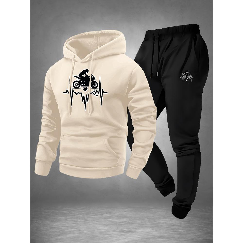 Motorcycle Pattern Printed Hooded Sweatshirt Set for Men Drawstring Sweatpants Trendy Casual Sports Versatile Two Piece Set