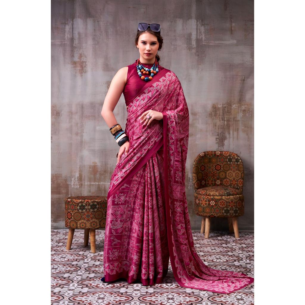 Elegance defined — draped in timeless grace with a floral & geometric printed saree that speaks style in every fold.