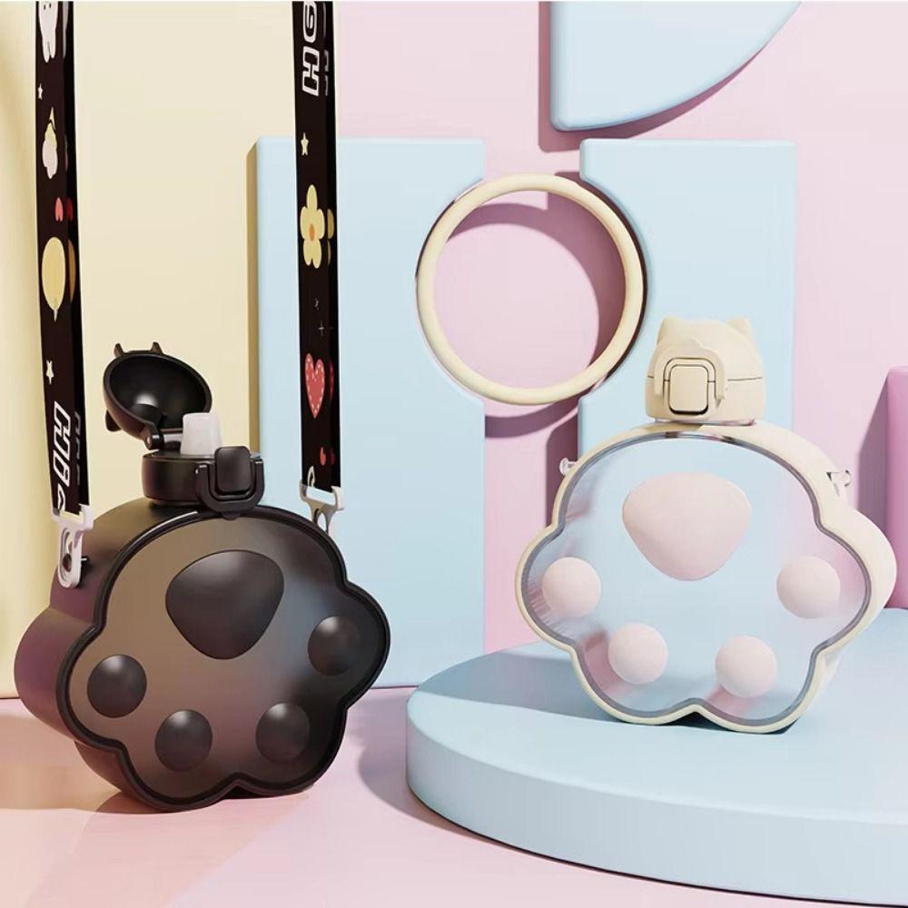 Adjustable Strap Cat Paw Water Bottle Cartoon Portable Kettle Convenient Plastic Straw Cup Cycling