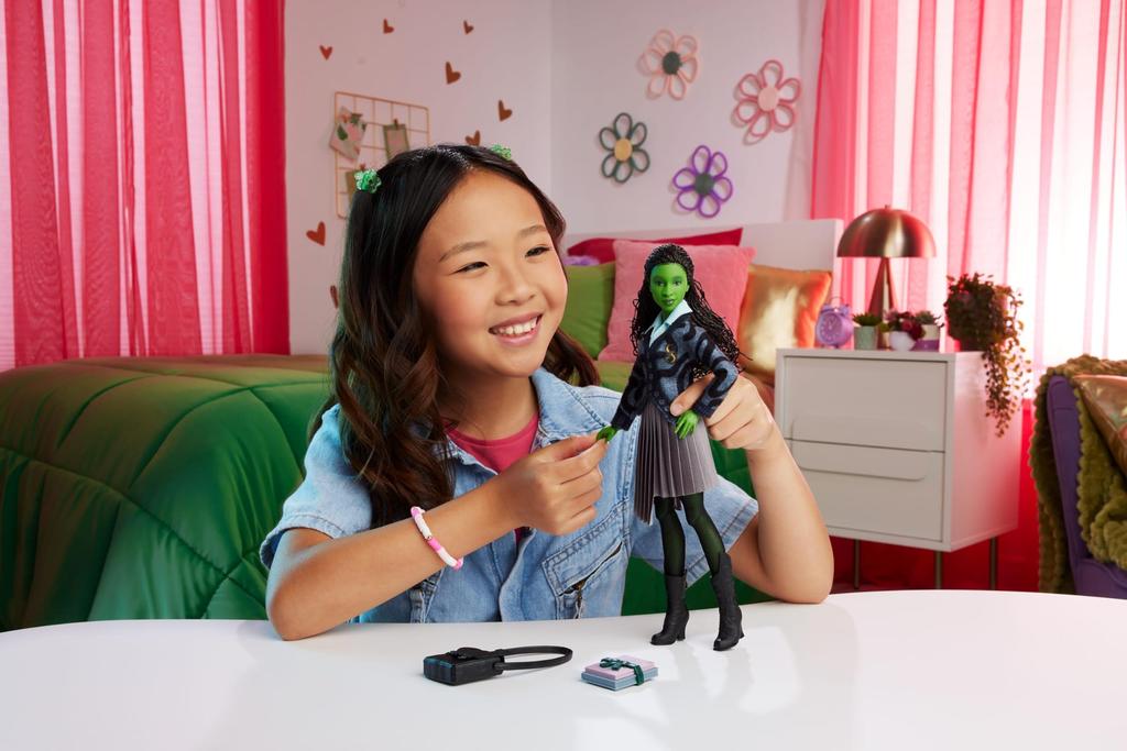 Mattel Universal Wicked Elphaba Fashion Doll Green Braided Black Removable School Uniform & Accessories Skin, Hair, Articulated,