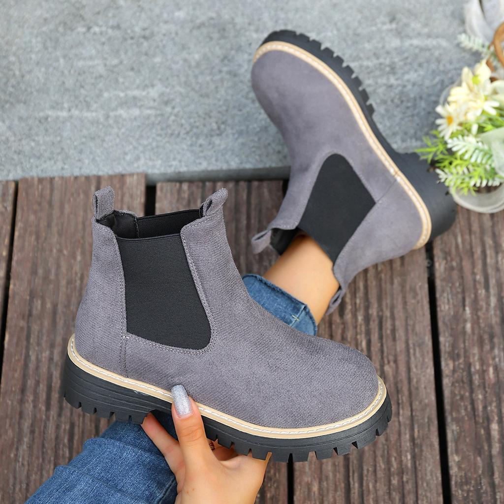 Women's Platform Suede Martin Boots, Round Toe Chunky Heel Ankle Booties, Elastic Gaiter Wide Width Available Slip-On Boots