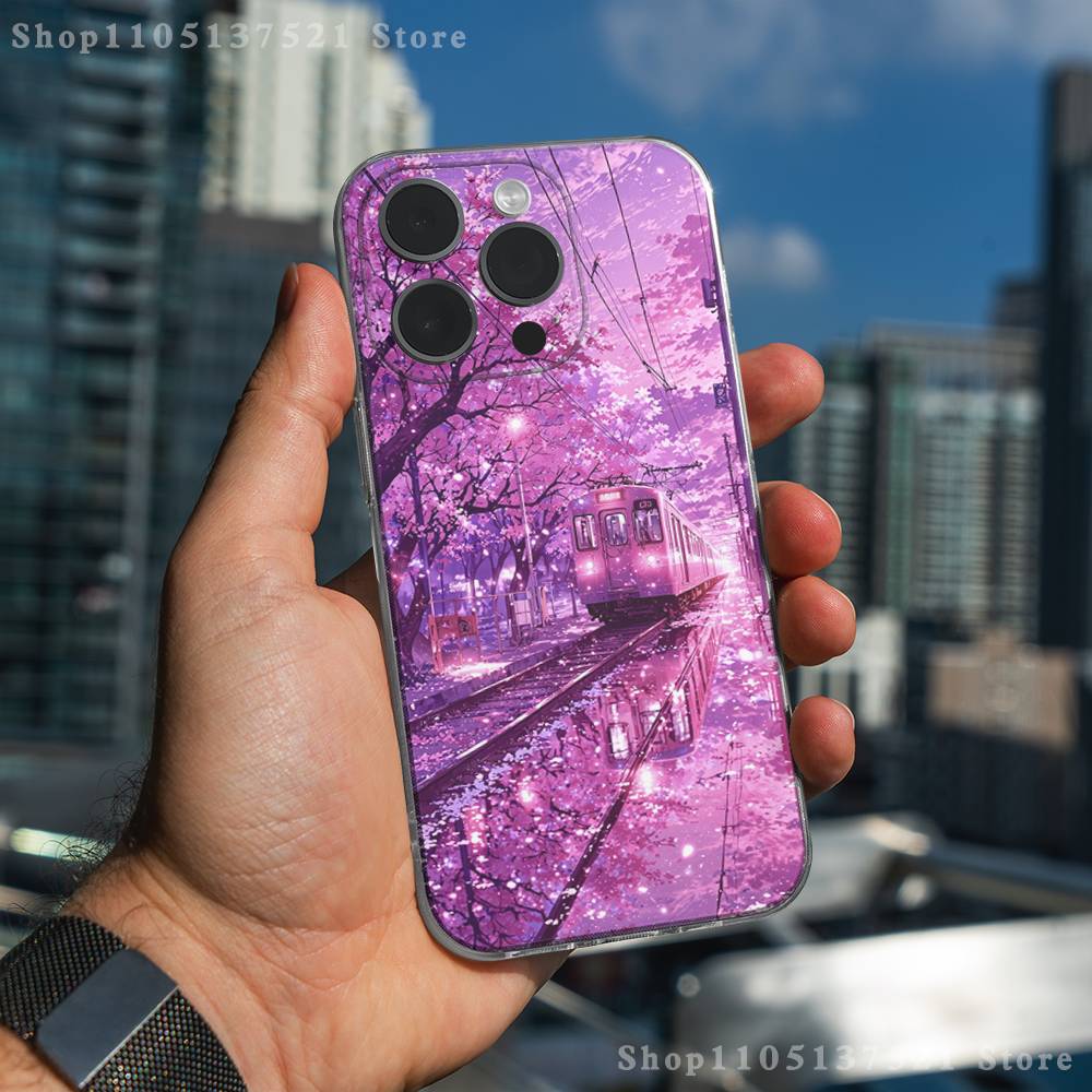 Coque de téléphone Train Fleur de Cerisier Art pour iPhone 17,16,15,14,13,12,11 Pro,Max,Plus,XR,Mini,E Transparente Couverture Complète Souple