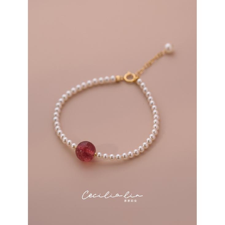 

Designer s recommendation Natural crystal aquamarine, strawberry crystal, green phantom quartz, Shijia imitation pearl14K Gold-plated bracelet Strawberry quartz（Pinki