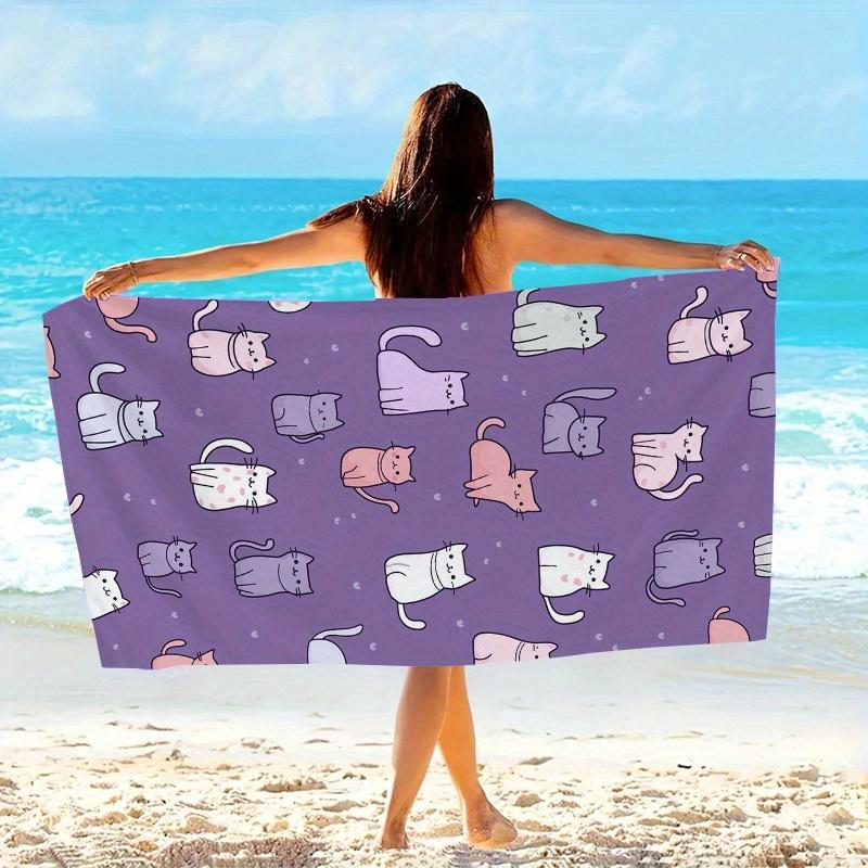 1pc Cartoon Cats Pattern Beach Towel Purple Background Lavender White Cats Sleepy Expressions Bath Towels Soft Microfiber