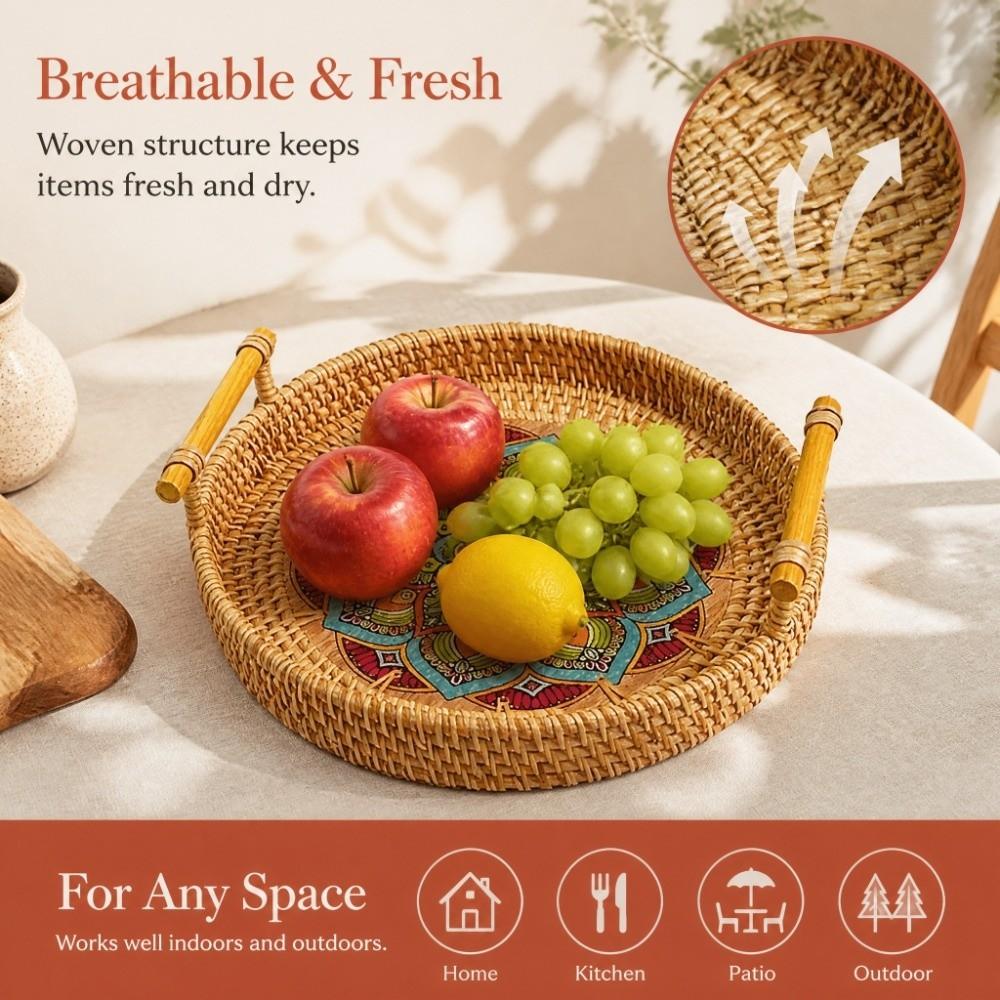 Wicker Weave Rattan Serving Tray Round Shape Round Wicker Basket Woven Rattan Tray Fruit Serving
