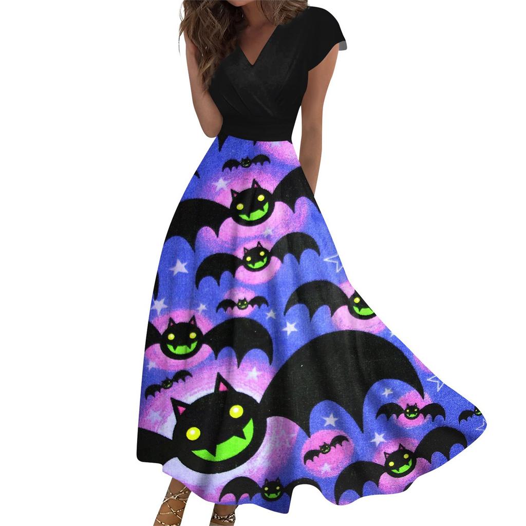 Women's Long Dress Maxi Dress Casual Dress Casual Short-Sleeve V Neck Boho Waist Halloween Printed Dress