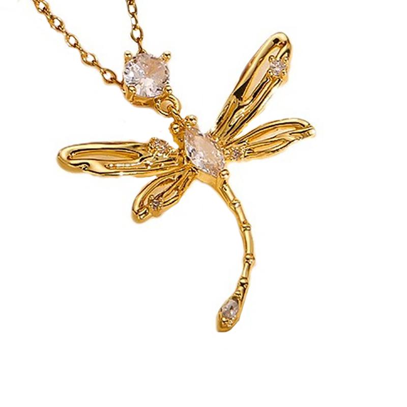 DIEYURO 316L Stainless Steel Hollowed Out Animal Dragonfly Zircon Pendant Necklace For Women New Trend Fashion Neck Jewelry Gift