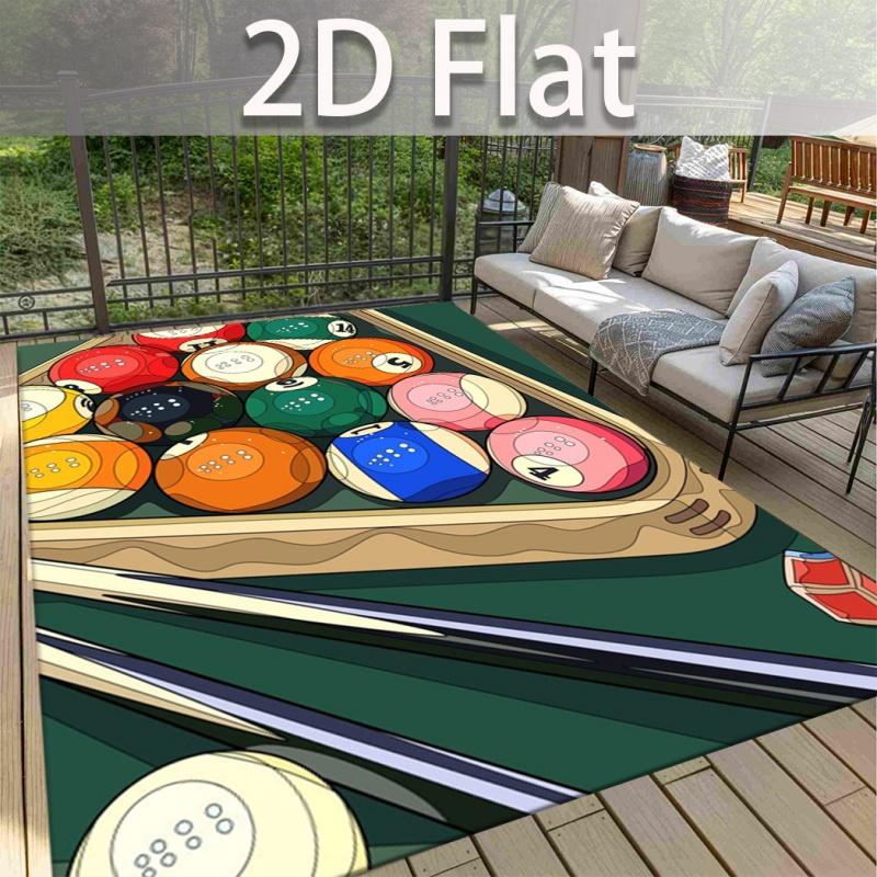 Cartoon Billiard Pool Table Balls Outdoor Area Rug, Colorful Snooker Game Non-slip Waterproof Rug for Game Room Patio Decor