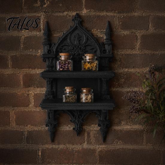 Gothic Wall Decor 3D Printed Double Tier Mount Shelf, Floating Unique Dark Home Soft Furnishing Style Vintage Display Rack for Decoration Organizer