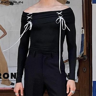 Men Off Shoulder Bandage Lace Up Fitted Long Sleeve Crop Tops