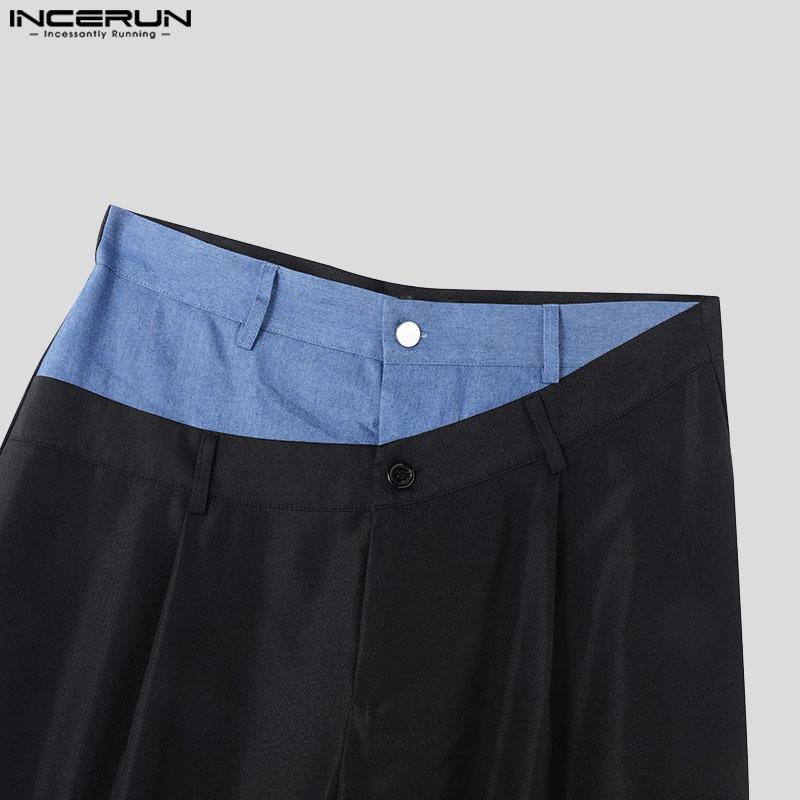 INCERUN Men Patchwork Zip-up Waist Casual Long Straight Pants Trousers