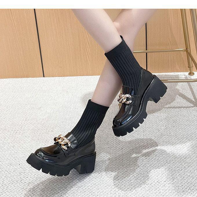 Women's Spring 2025 Chunky Heel Ankle Boots - British Style, Elastic Slimming, Hidden Heel, Sock Boot Design, Suitable for Autumn.