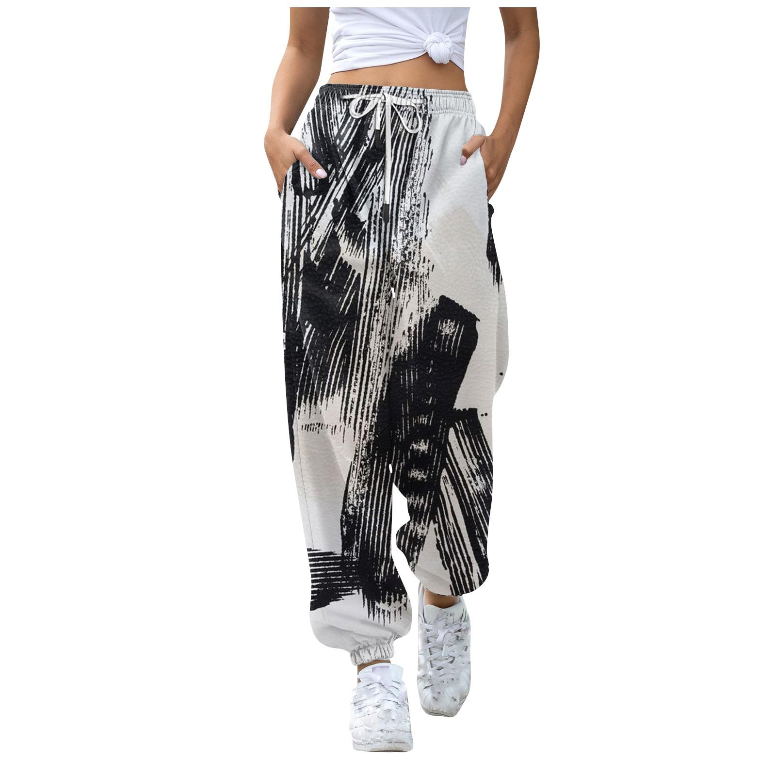 Women s Casual Doodle Print Casual Drawstring Elasticated Waist Drawstring Pants M чёрный