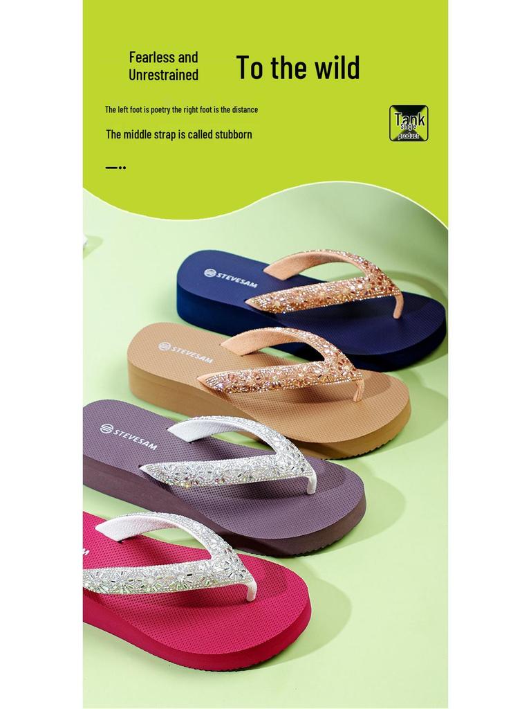 Dámské letní klínkové sandály s kamínky - Protiskluzové, Zvyšující výšku, Neformální plážové oblečení