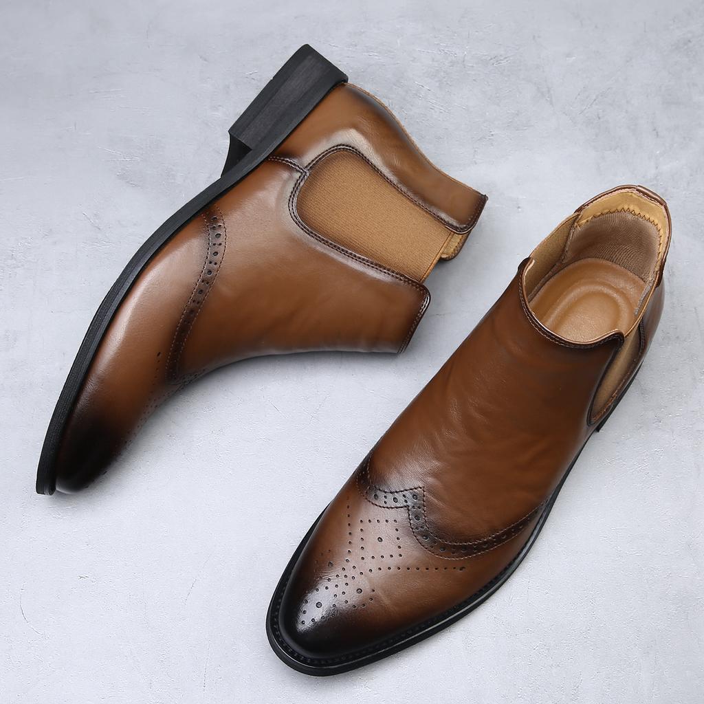 British Brock Carved Leather Chelsea Boots Men's Trend Business Dress High Top Leather Boots Men's Martin Boots