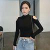 Damen Schwarze Off-Shoulder Langarm Crop Tops - Herbst/Winter Baumwolle Mode T-Shirts mit hohem Kragen