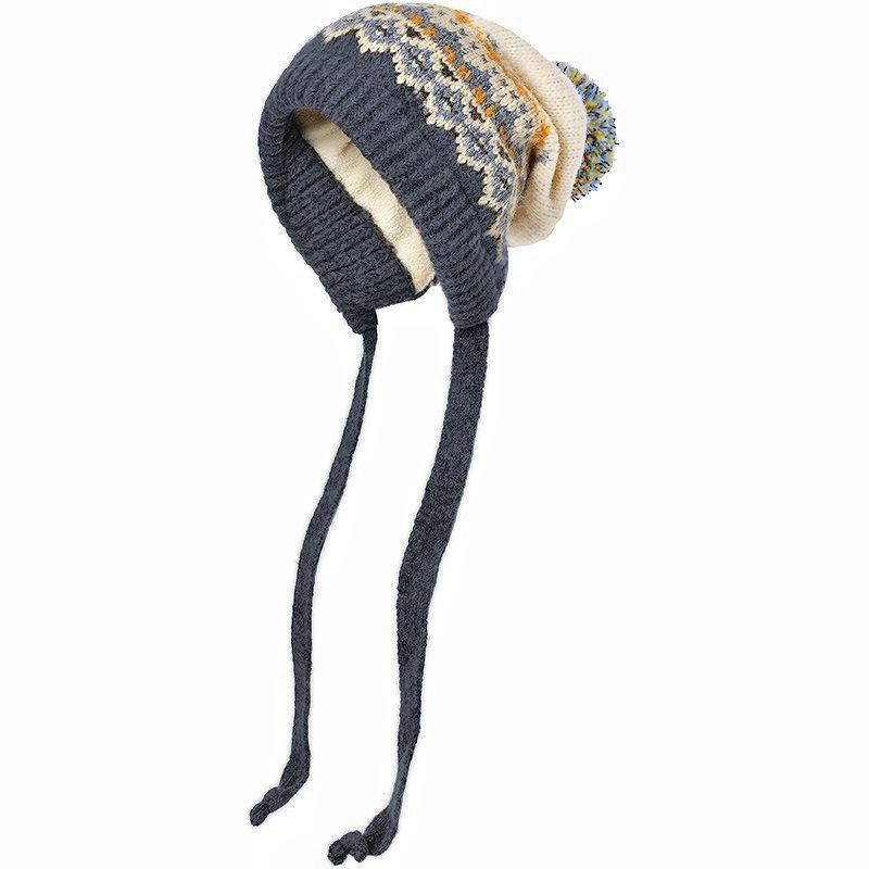 Women's Fair Isle Pompom Knitted Hat - Retro Jacquard Wool with Ear Protection for Winter Warmth