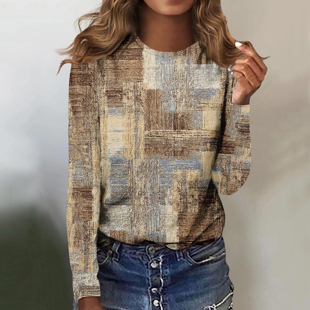 Women's Fashion Casual LongSleeve Print Round Neck Pullover Top Blouse