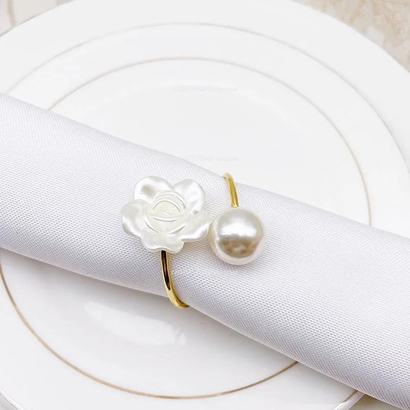 Valentine's Day Wedding Pearl Napkin Clasp Roses Creative Round Pearl Napkin Rings for Restaurant Family Table Decoration