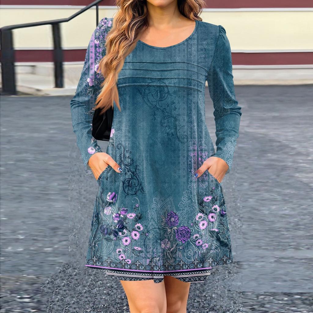 Women's Long Sleeve Dress Fall Casual T Shirt Loose Fit Pleated Front Dresses With Pockets