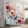 Luxurious Floral Printed Shower Curtain Pink Flower Decor Bath Mat Accessories Waterproof Bathroom Liner for Home Decoration (Wh