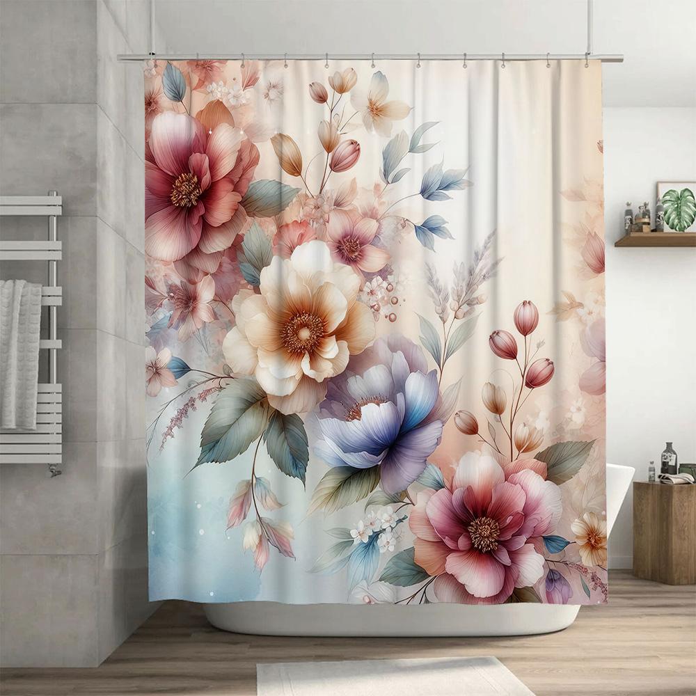 Luxurious Floral Printed Shower Curtain Pink Flower Decor Bath Mat Accessories Waterproof Bathroom Liner for Home Decoration (Wh