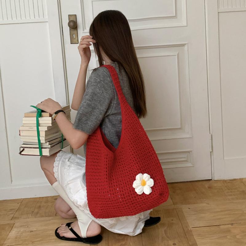 Flower Print Knit Bag for Women Hollow Out Mesh Tote Shoulder Purse Soft Woven Handbag Casual Daily Outing Bag