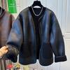 Leather And Fur Splicing Integrated Round Neck Jacket For Women In Autumn And Winter Loose Design Short Jacket