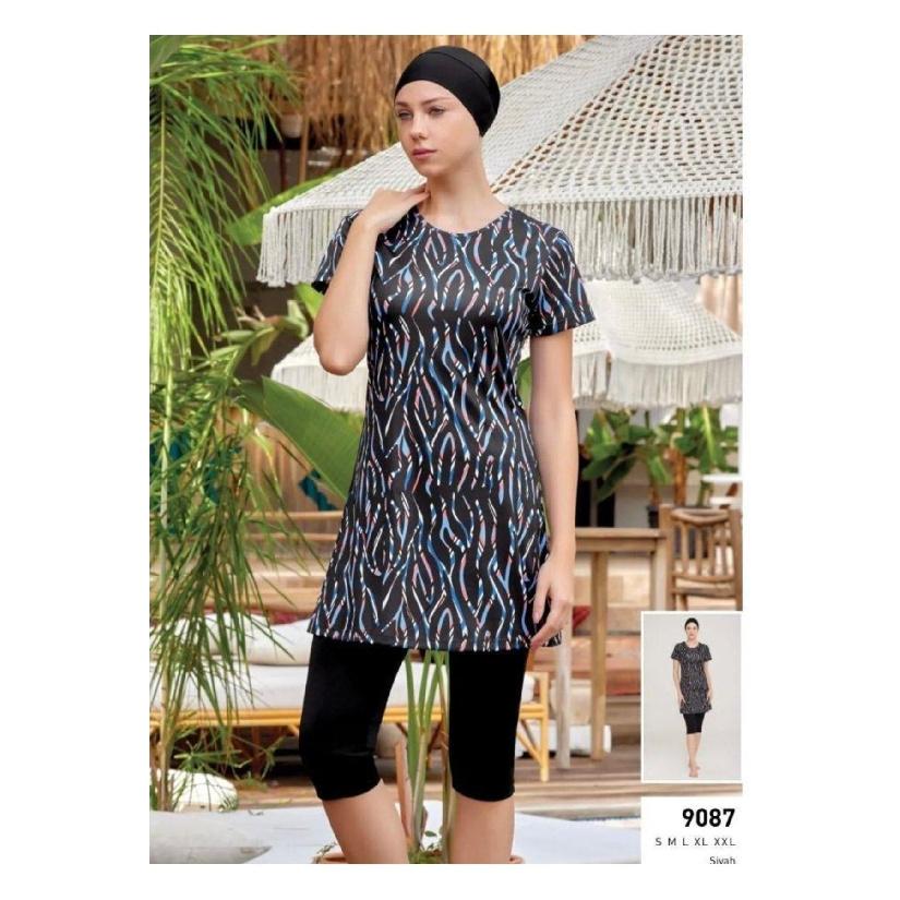 2025 Summer Floral Swimwear Set Print - Short Sleeve Tunic and Cropped Leggings Set - Muslim Swimwear - UV Protection Beachwear - Summer Burkini