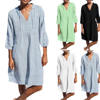 Vestido de Algodón Lino de Color Sólido para Mujer con Cuello en V Vestido Casual Suelto con Bolsillo