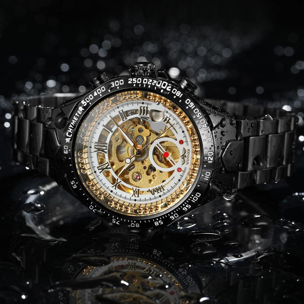 T-winner Orologio meccanico automatico cavo interamente in acciaio color oro, personalità alla moda da uomo