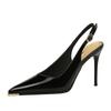 Sexy Sandals Women Pointed Toe High Heels Patent Leather Slim Heel Back Strap Simple Stiletto Shoes