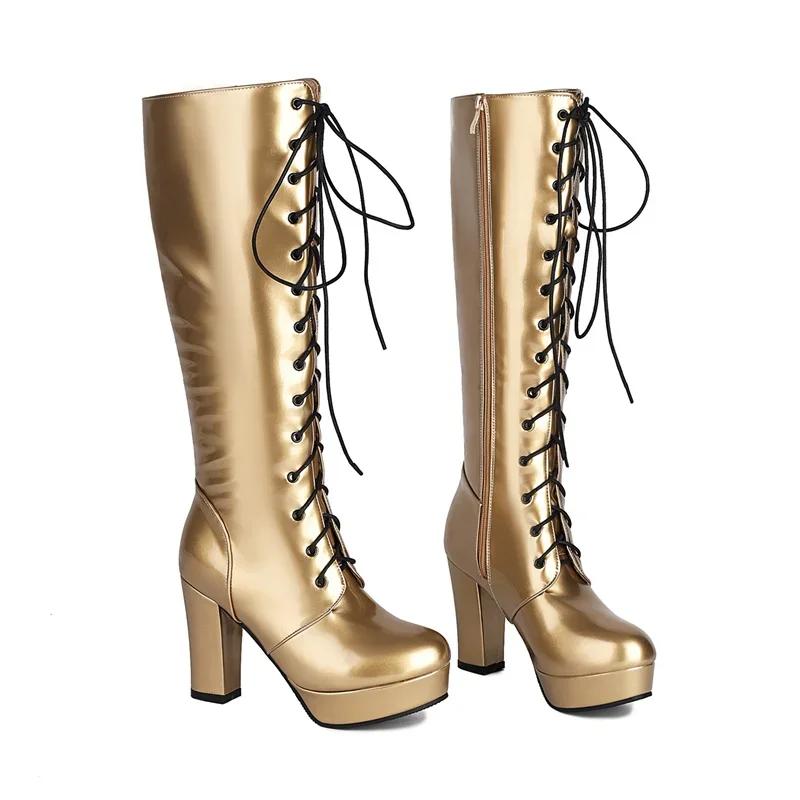 Shiny Gold Red Patent Leather Knee High Boots Women Thick Heels Dress Party Sexy Lady Lace-up Zipper Platform Long Riding Boots