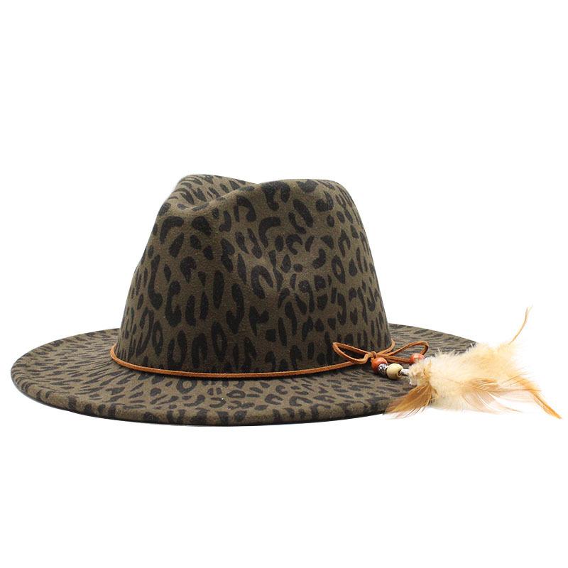 Woolen Leopard Print Top Hat, Flat-Brimmed Big Eave Hat, Couple Hat, Feather Jazz Hat.