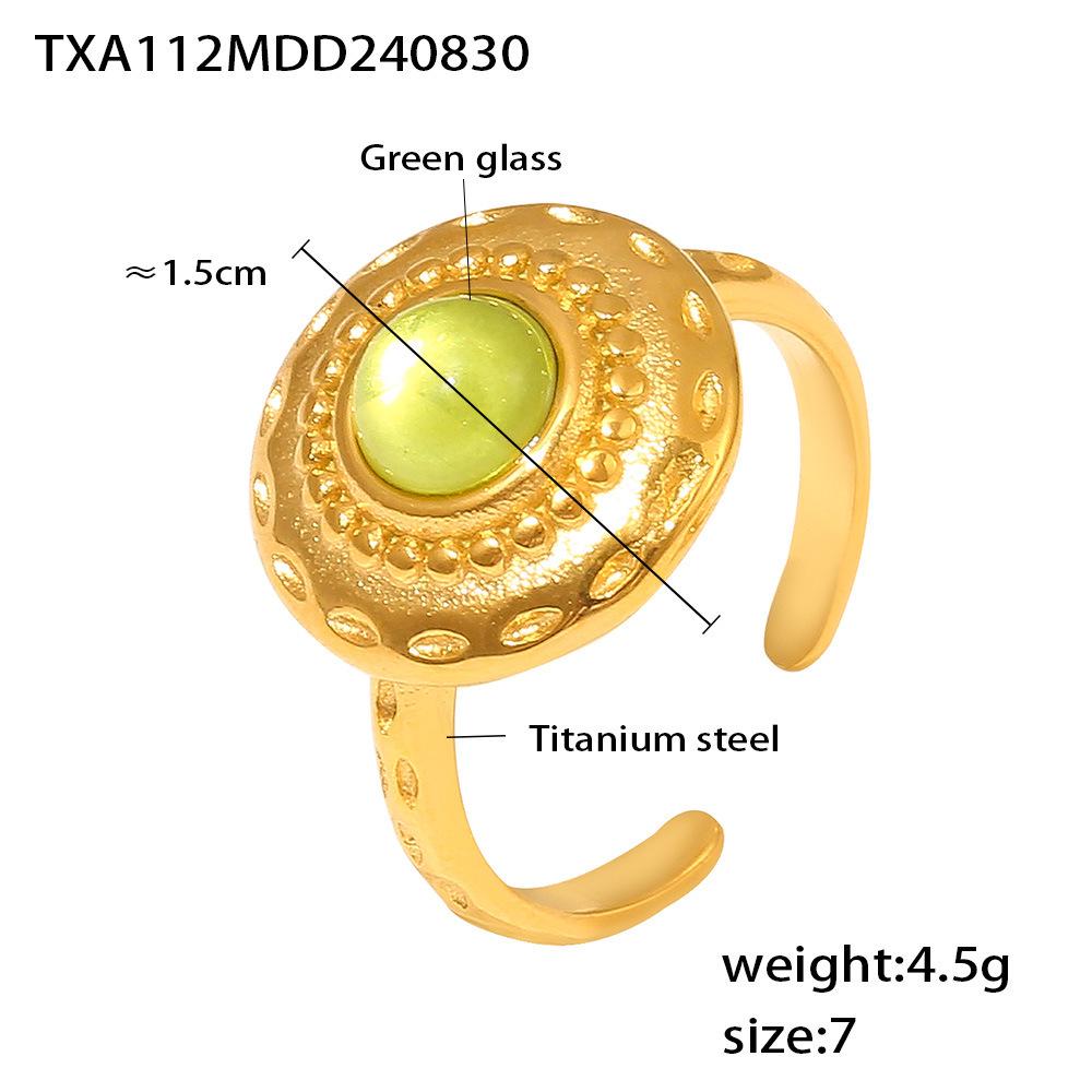 Retro Square Threaded Green Glass Earrings  French Court Style Open Ring Set, 18K Gold PVD-Plated Titanium Steel